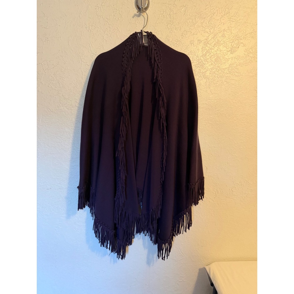 Coldwater Creek Purple Ribbed Knit Fringe Trim Wrap Shawl Poncho One Size